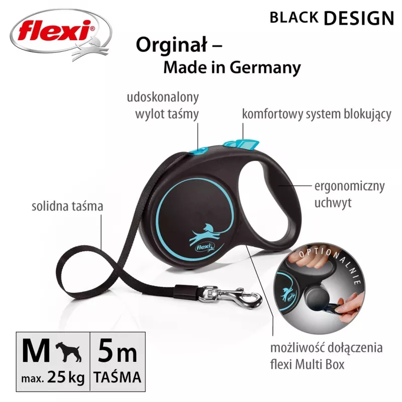 Ievelkamā suņu pavada Flexi flexi Melns Design M — 5 m garums, lentes veids, maks. slodze 25 kg, ergonomisks rokturis