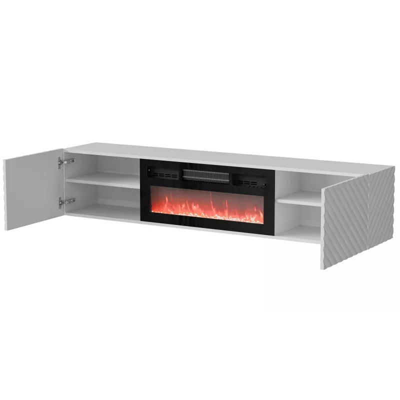 TV skapis Cama Meble LARA 183x35x37 cm, balta matēta virsma, balts rāmis, melns kamīns