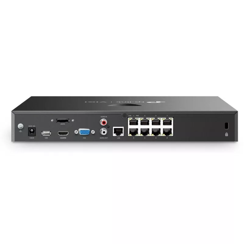 Tīkla videoreģistrators TP-Link VIGI NVR2008H-8MP-2TB — 8 kanālu, 4K (3840×2160), 2 TB SATA HDD, 9× RJ-45, melns