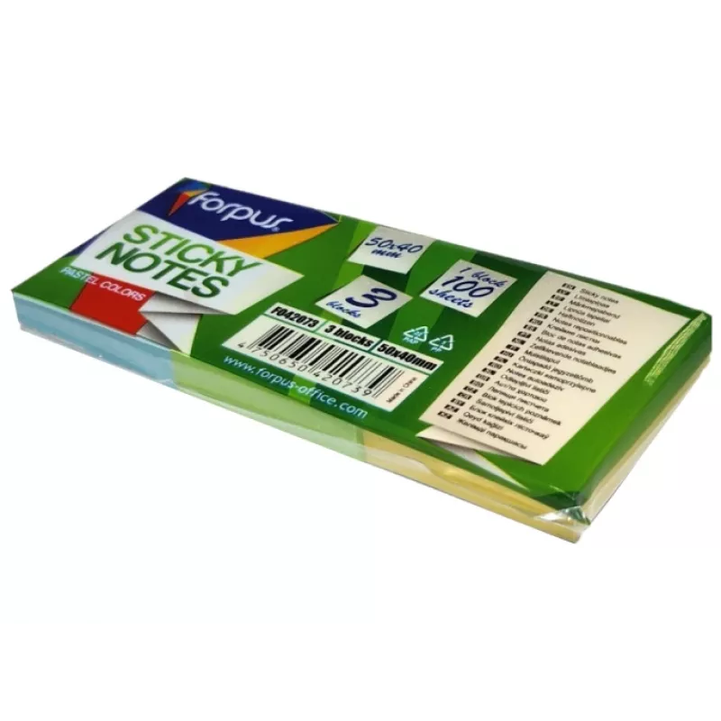 Līmlapiņas FORPUS FO42073, 40×50 mm, 3 pasteļtoņu krāsas, bloks