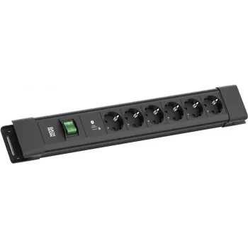 Barošanas sadalītājs Bachmann CONNECTUS ar 6 × CEE 7/3, 1 × SPD-Plus pārsprieguma aizsardzību, 1 × slēdzi, 2,0 m kabeli, melns