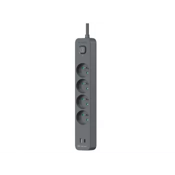 Tracer Power Line+ TRALIS47026 pagarinātājs, 4 ligzdas, USB-A + USB-C PD 18 W, 1,5 m, grafīta krāsā