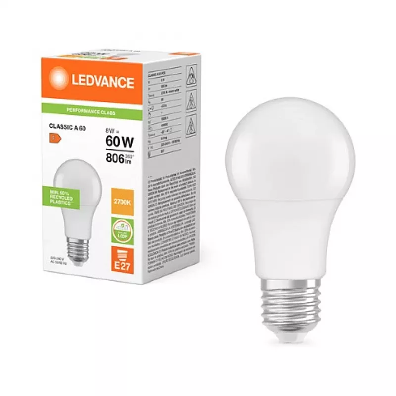 Ledvance LEDV LED spuldze 8,5-60W/827 806lm E27 matēta 200° 15000hEEK F