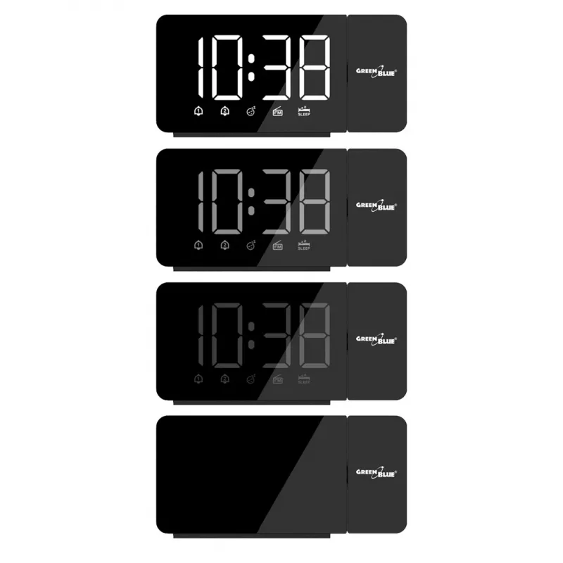 Digitālais LED pulksteņa radio GreenBlue GB172 ar FM uztvērēju, projektoru, termometru, USB 5V un CR2032 barošanu