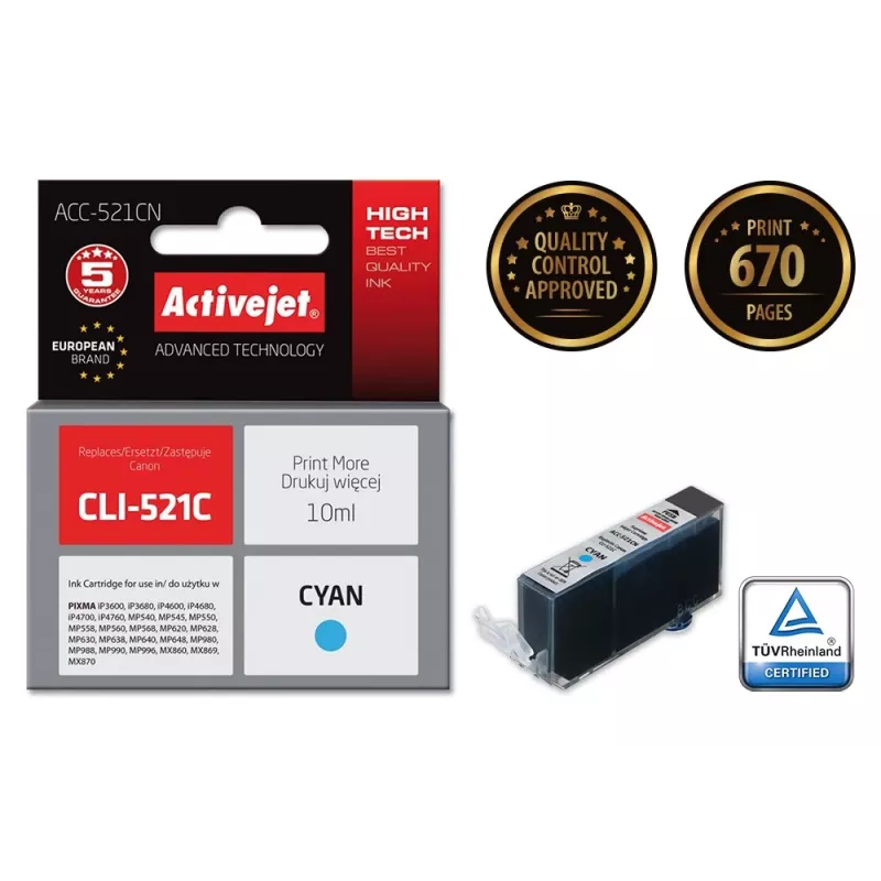Saderīgs tintes kārtridžs ACC-521CN Canon printeriem — ciāna, Augsta (XL) ietilpība, 10 ml