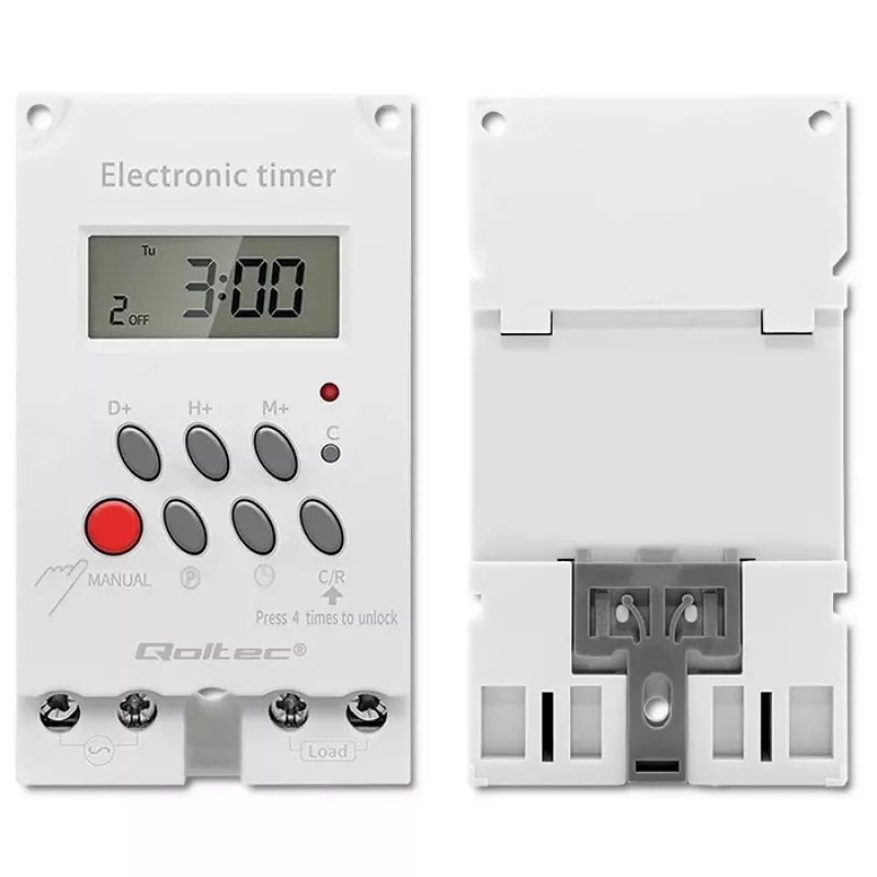 DIN-sliedes elektroniskais taimeris QOLTEC PC0629 — 24V barošana, 16A izeja