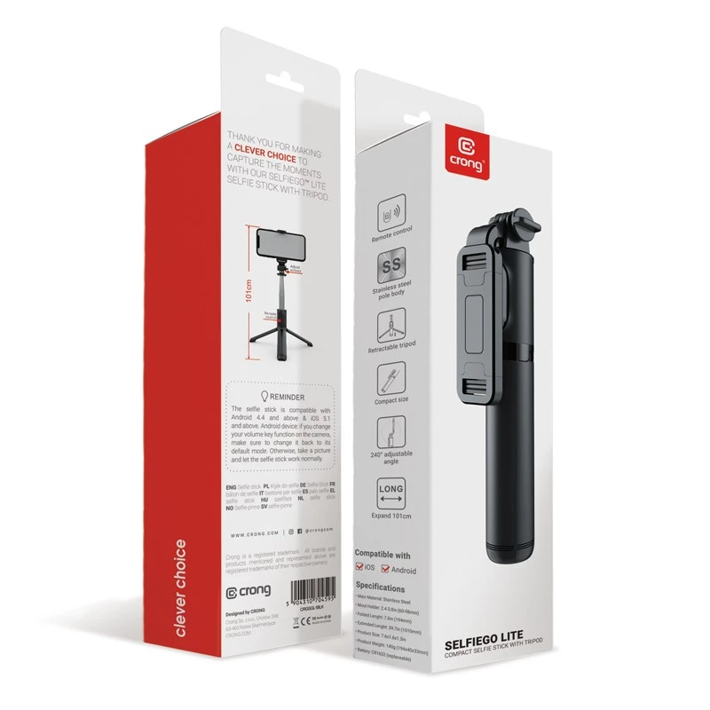 SelfieGo kompaktais selfie stabiņš ar Bluetooth statīvu (20-101 cm) Crong CRGSGL1B