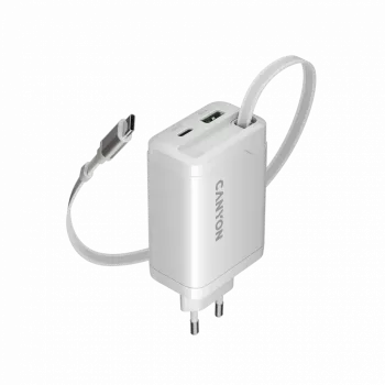 CANYON lādētājs OnCharge 65RC ar iebūvētu USB-C kabeli 65W, 1x PD, 1x QC, ES spraudnis, balts