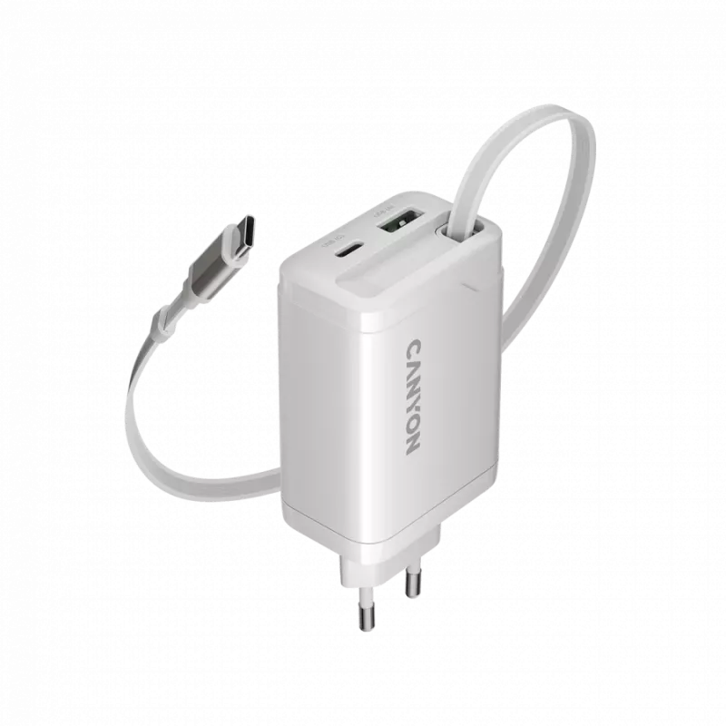 CANYON lādētājs OnCharge 65RC ar iebūvētu USB-C kabeli 65W, 1x PD, 1x QC, ES spraudnis, balts