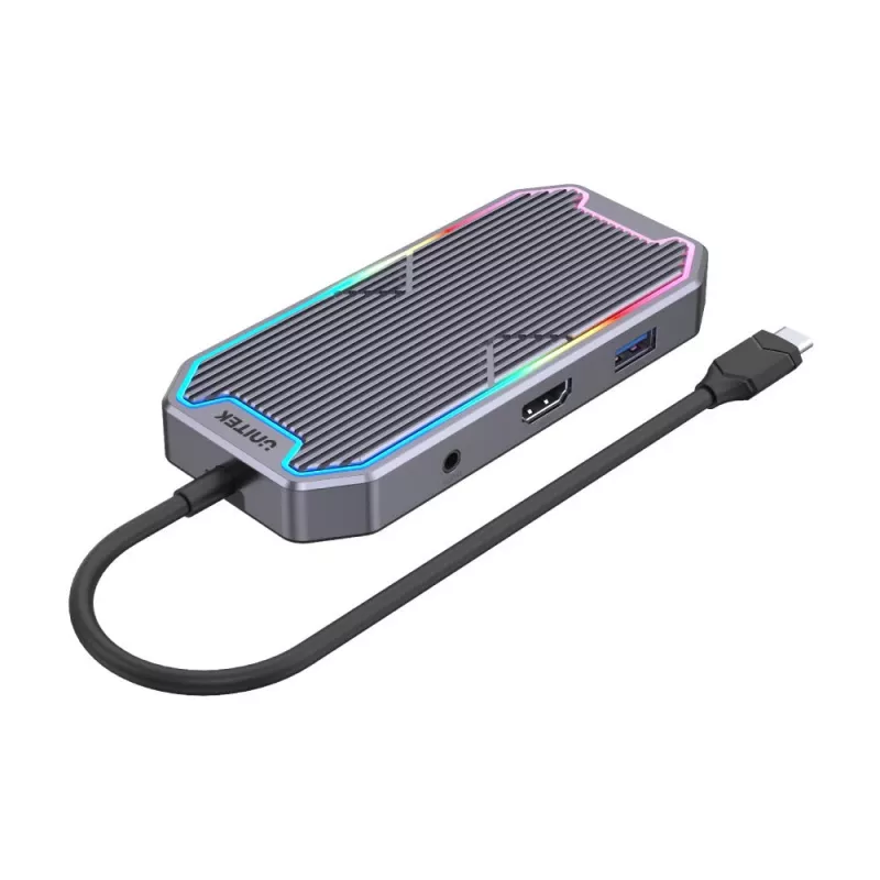 USB centrmezgls Unitek uHUB S7+ — vadu USB 3.2 Gen 2 Type-C, 100 W PD, Gigabit Ethernet, 4K atbalsts, Space pelēka