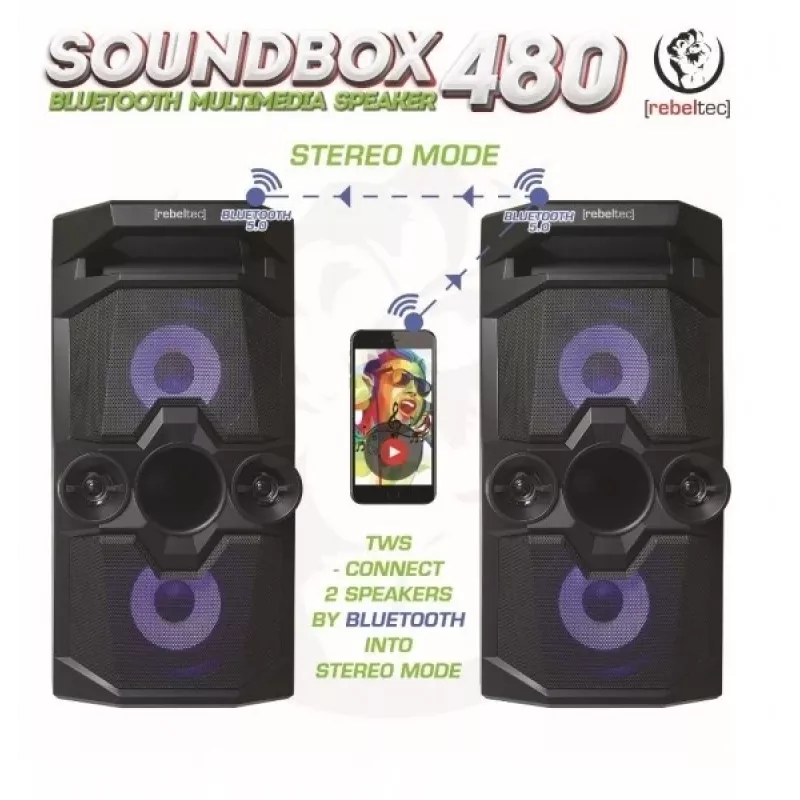 Rebeltec SoundBox 480 portatīvais Bluetooth stereo skaļrunis melns, 50W RMS