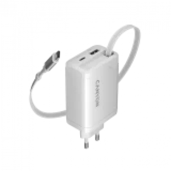 CANYON lādētājs OnCharge 65RC ar iebūvētu USB-C kabeli 65W, 1x PD, 1x QC, ES spraudnis, balts