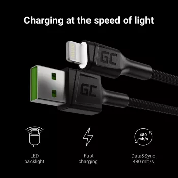 Green Cell KABGC05 lightning kabelis 1,2 m melns