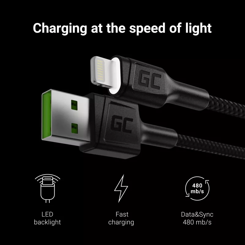 Green Cell KABGC05 lightning kabelis 1,2 m melns