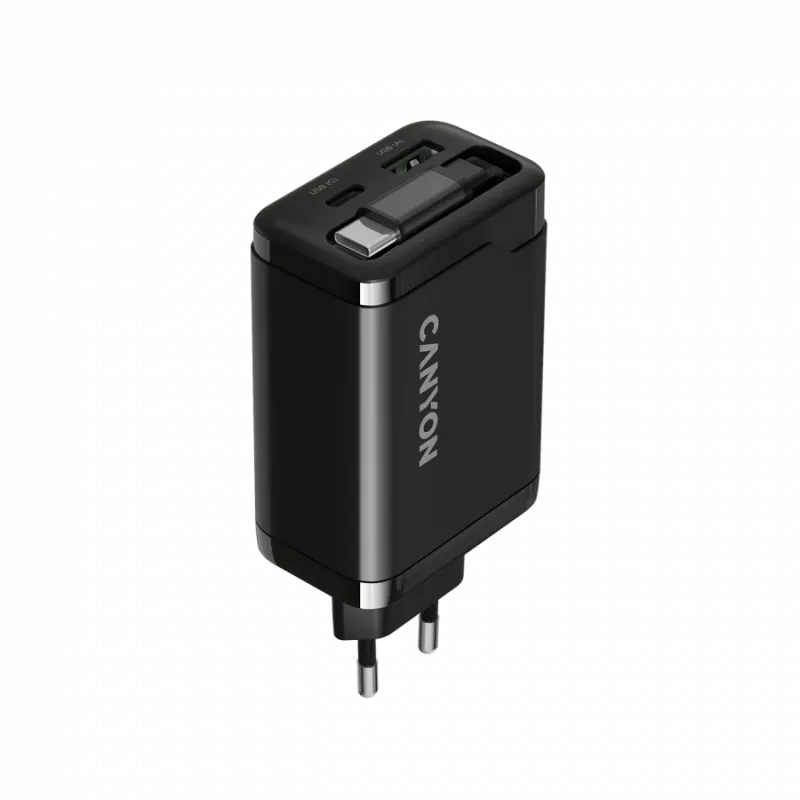 Lādētājs CANYON OnCharge 65RC ar iebūvētu USB-C vadu, 65W, 1x PD, 1x QC, ES kontaktdakša, melns