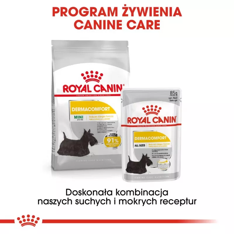 ROYAL CANIN Mini Dermacomfort - sausā barība pieaugušiem mazo šķirņu suņiem ar jutīgu, kairinājumam pakļautu ādu - 3 kg