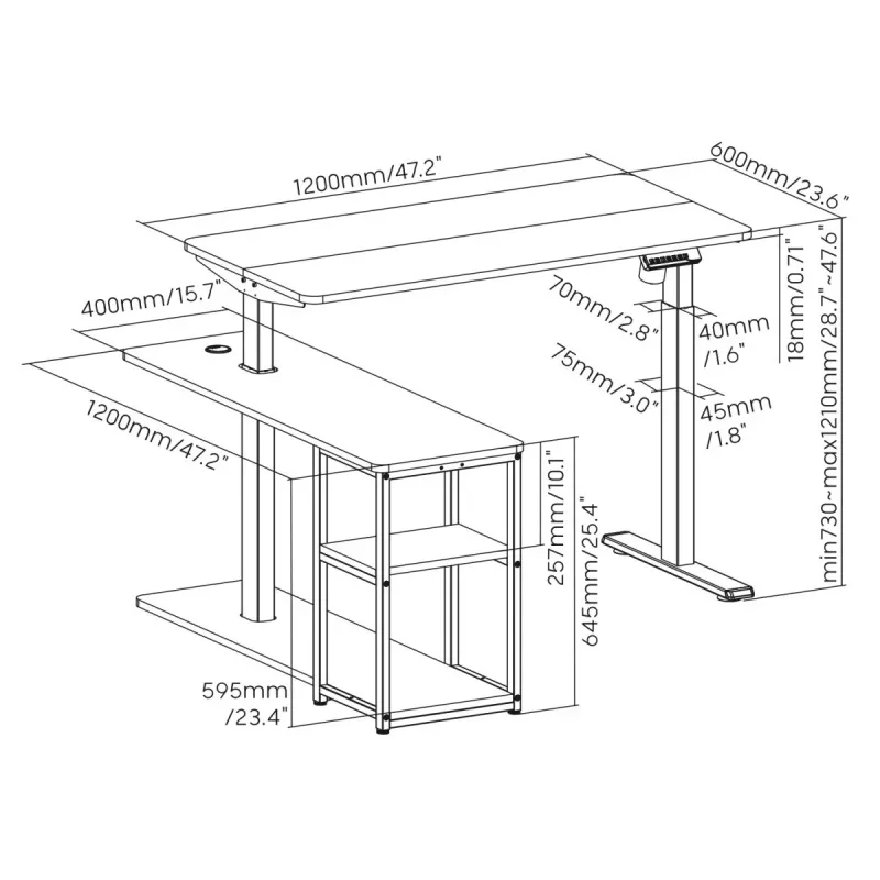Elektriski regulējams rakstāmgalds ergo office 380623 — maks. augstums 121 cm, maks. slodze 70 kg