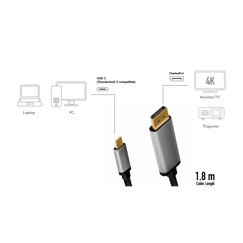 LogiLink CUA0100 Kabeļa savienotāju adapteris DisplayPort USB 3.2 Gen1 Type-C 1,8 m Melns Pelēks