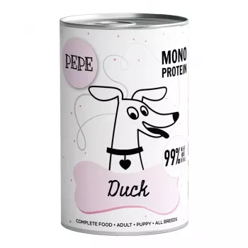 Mitrā suņu barība PAKA ZWIERZAKA Pepe Duck 400 g — pieaugušiem suņiem, pīles garša, bundža, bez glutēna/sojas/cukura