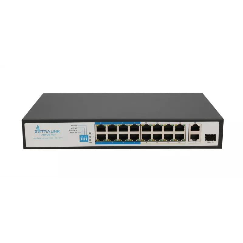 Switch Extralink VIRTUS V3 Unmanaged L2 16x Fast Ethernet (10/100) PoE 1U Melns