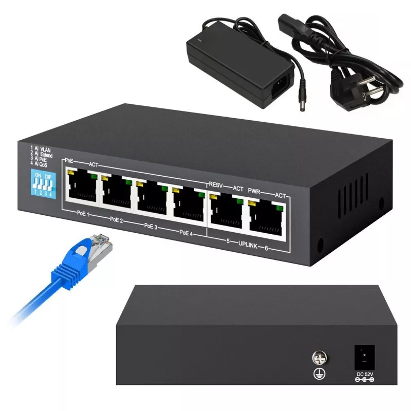 Slēdzis Extralink KRIOS 4x Gigabit PoE/PoE+ 2x RJ45 augšupsaites ports 60W