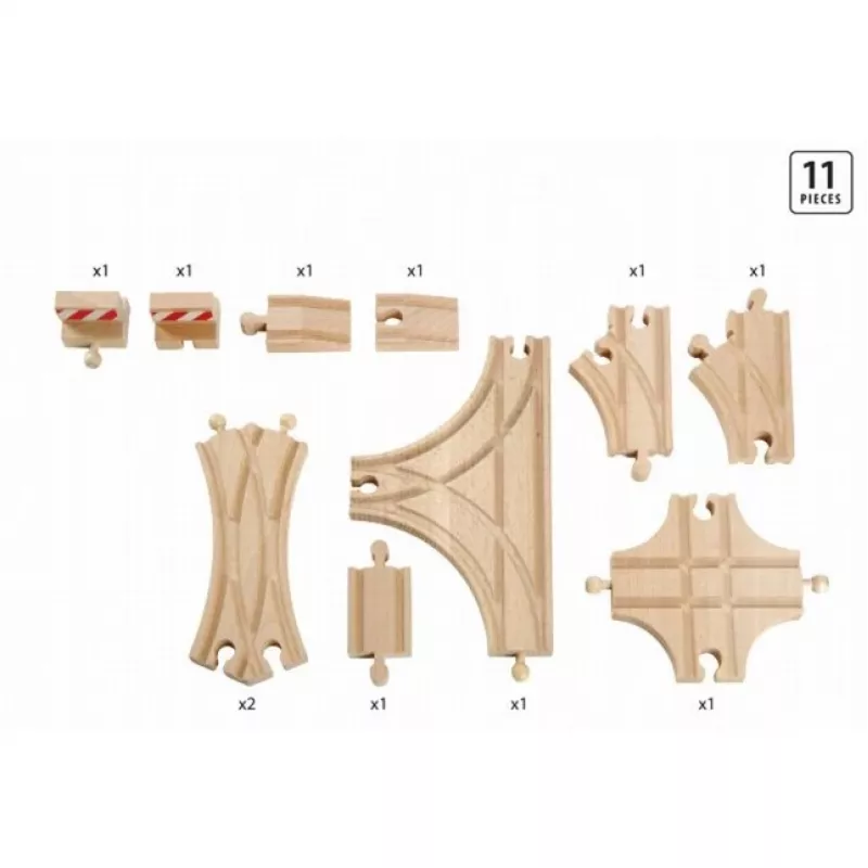 BRIO 33307 koka sliežu ceļa paplašinājuma komplekts ar pārmijām un aksesuāriem, 11 detaļas