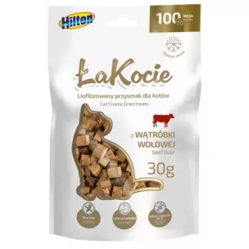 Liofilizēts liellopu aknu kaķu kārums Hilton Treats 30 g — vienas sastāvdaļas, bez graudiem, bez glutēna