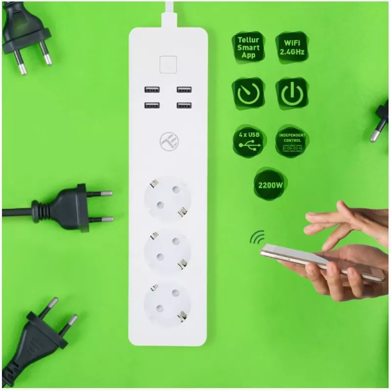 Strāvas sadalītājs Tellur — WiFi viedais strāvas sadalītājs ar 3 maiņstrāvas rozetēm un 4 USB pieslēgvietām (4 A)