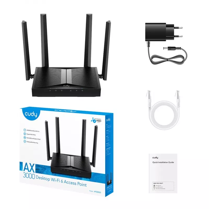 Bezvadu piekļuves punkts Cudy AP3000D divjoslu 2,4/5 GHz, 2402 Mbps (5 GHz), 574 Mbps (2,4 GHz), 4 ārējās antenas, 1x LAN