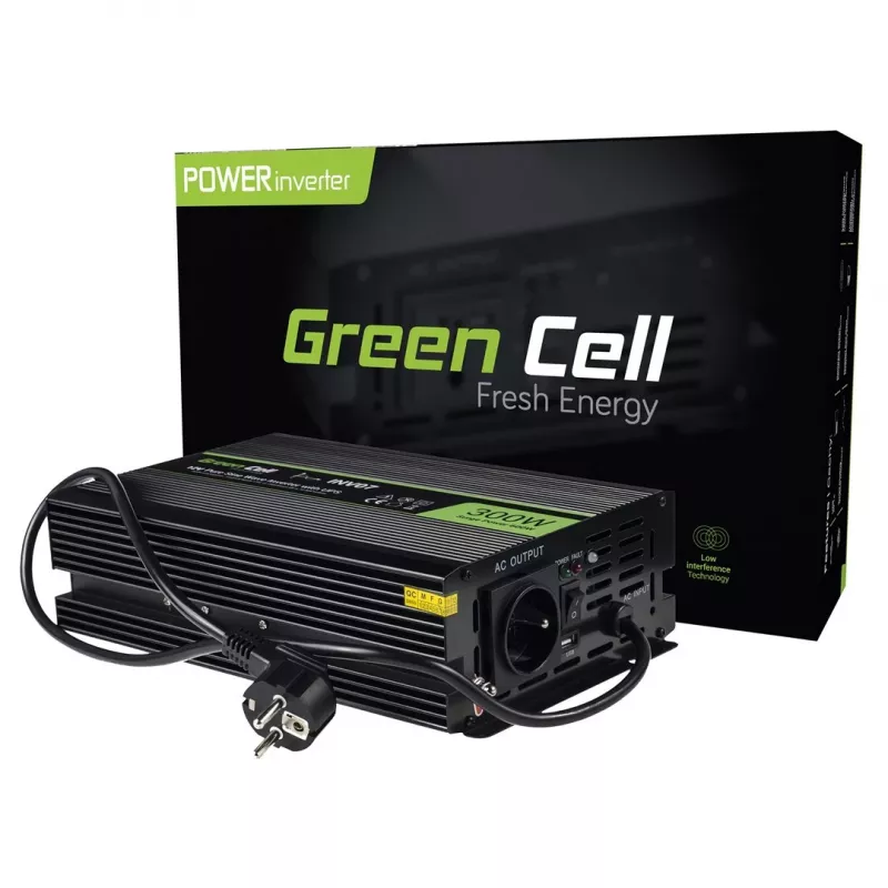 Strāvas pārveidotājs zaļa Cell INV07, līdzstrāva 12 V uz maiņstrāvu 230 V, 300 W, 50 Hz, C tipa kontaktdakša, melns