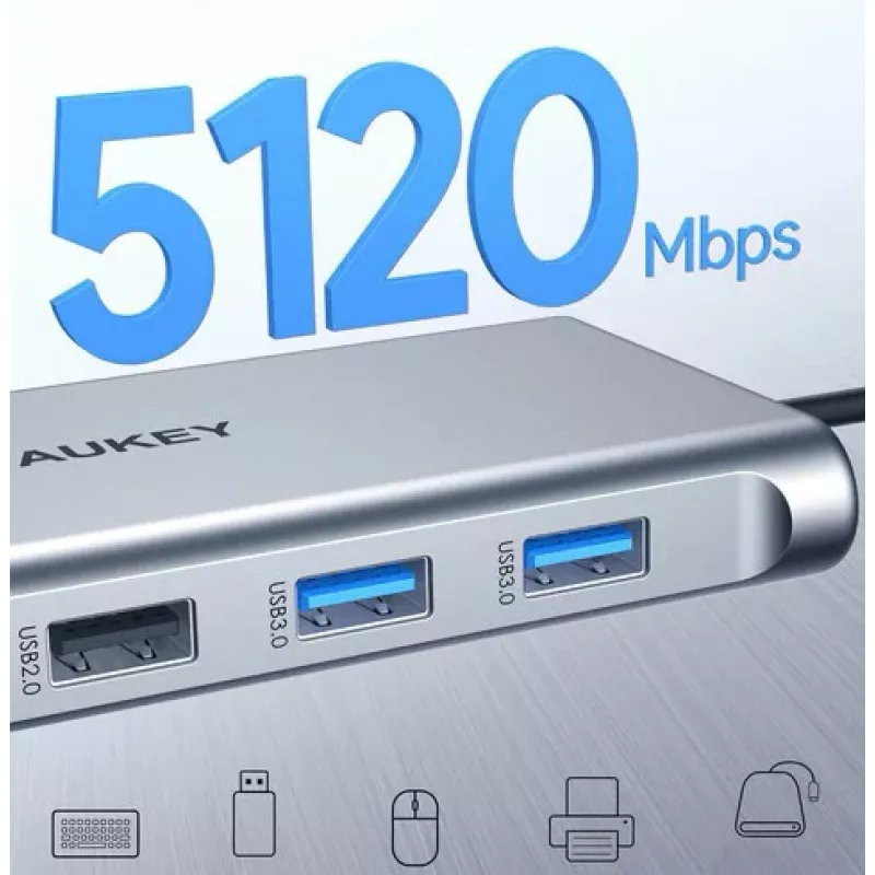 USB-C centrmezgls Aukey CB-C89 10-in-1 ar RJ45 1000Mbps, HDMI 4K, vairāki porti