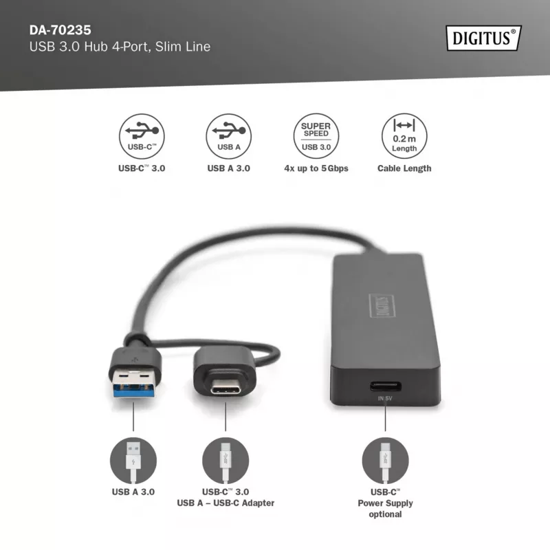 USB centrmezgls, Digitus, DA-70235, 4 portu, USB 3.2 Gen 1, A un C tipa, 12000 Mbit/s