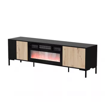 TV skapis cama meble MERCI ar kamīnu, 180 x 40 x 53,5 cm, melna virsa, ozola artisan rāmis