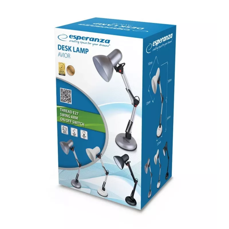 Galda lampa ESPERANZA AVIOR E27 12W LED, melna, regulējams augstums, elastīga svira, E27 ligzda