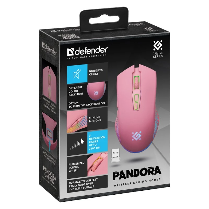 Bezvadu spēļu pele DEFENDER P ANDORA PINK interfeiss