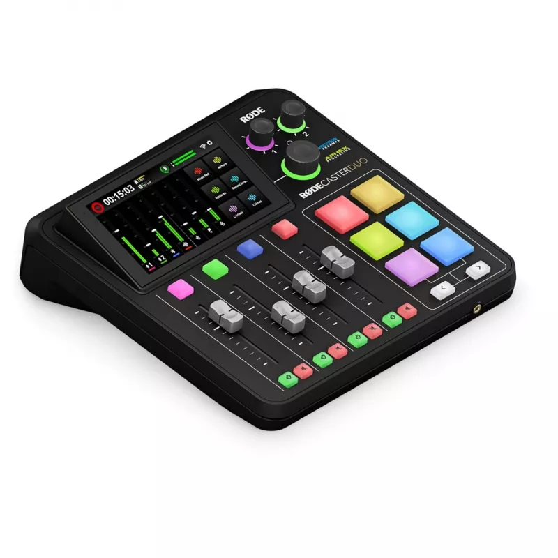 Studijas kontrolieris RØDE Caster Duo Melns — 2 kombi XLR/TRS, 2 TRS līnijas izejas, 48 kHz, 24 bitu, skārienjutīgais ekrāns, Wi‑Fi, Bluetooth