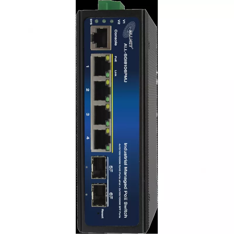 Rūpnieciskais PoE slēdzis ALLNET ALL-SGI8106PMJ-BT — 6 portu (4 PoE+), izturīgs metāla korpuss