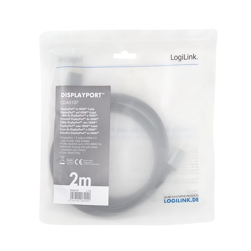 LogiLink CDA0107 video kabeļa adapteris 2 m DisplayPort HDMI Pelēks Melns