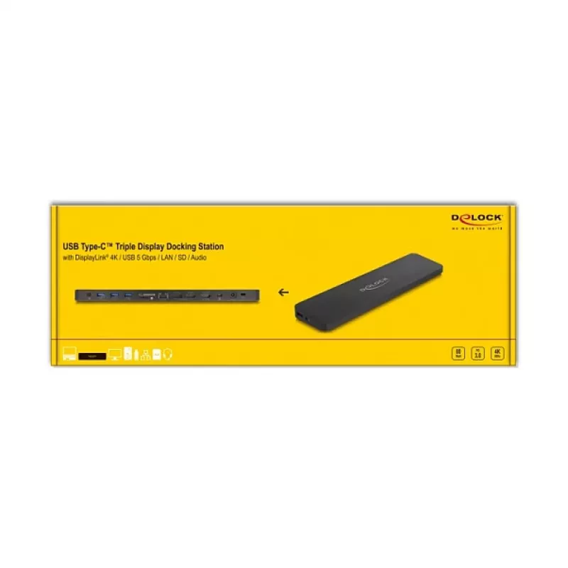 DeLOCK USB Type-C trīskārša displeja dokstacija 4K USB 5 Gbps LAN SD audio PD 80 W