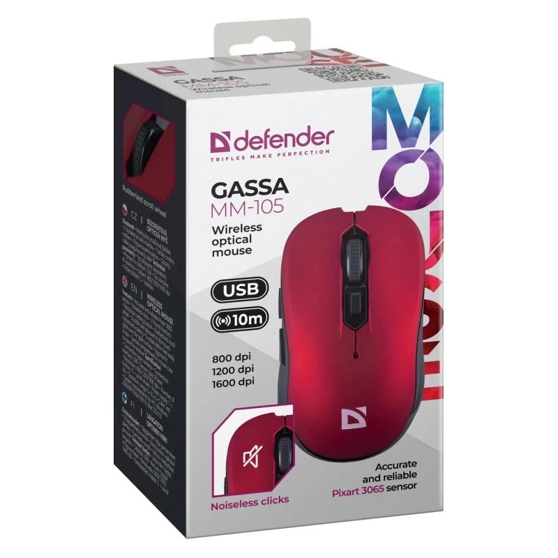 Bezvadu RF klusā pele DEFENDER Gassa MM-105 — piemērota abām rokām, 1600 DPI, 2.4 GHz, nano USB uztvērējs
