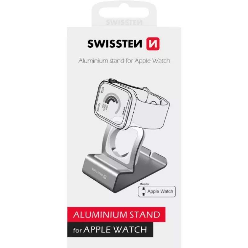 Alumīnija statīvs SWISSTEN 25005100 Apple Watch pulkstenim — saderīgs lādētāja turētājs, sudraba
