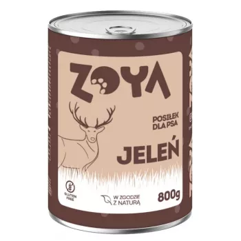 Mitrā suņu barība ZOYA Deer 800 g kārba — pilnvērtīga diēta pieaugušiem suņiem ar brieža gaļu, 11,4% olbaltumvielu, 7,2% tauku, 75% mitruma