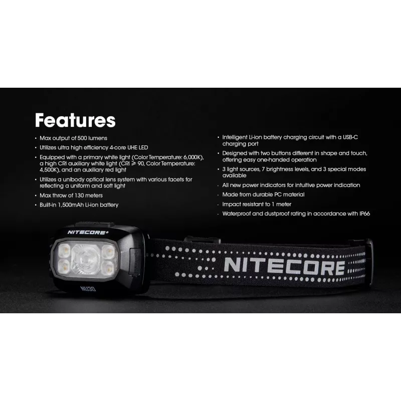 Galvas lukturis Nitecore NU30 — kompakts valkājams LED galvas lukturis, līdz 500 lūmeniem, vairāki izejas līmeņi, sarkanās gaismas režīms