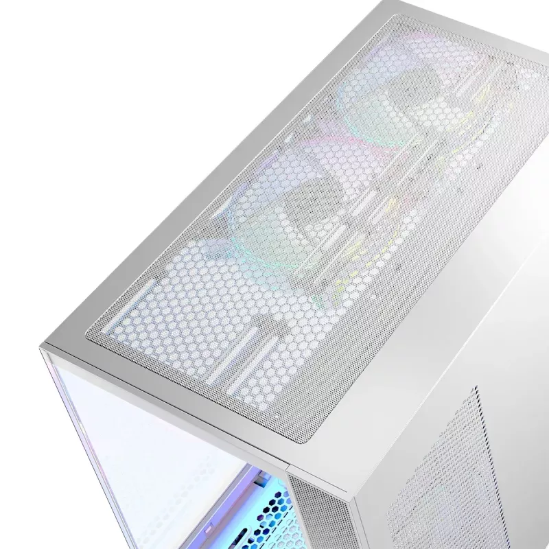 PC korpuss MODECOM Volcano Panorama Midi Tower balts — micro ATX, rūdīts stikls, ARGB, USB-C, atbalsta GPU 400 mm
