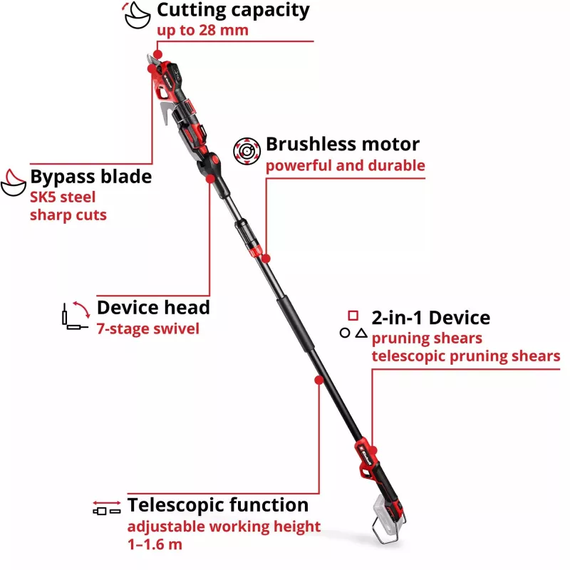 Atzarošanas šķēres EINHELL GP-LS 18/28 Li T BL-Solo — bezvadu teleskopiskās apvedceļa atzarošanas šķēres, 18 V, griešanas jauda 2,8 cm, alumīnija rokturis