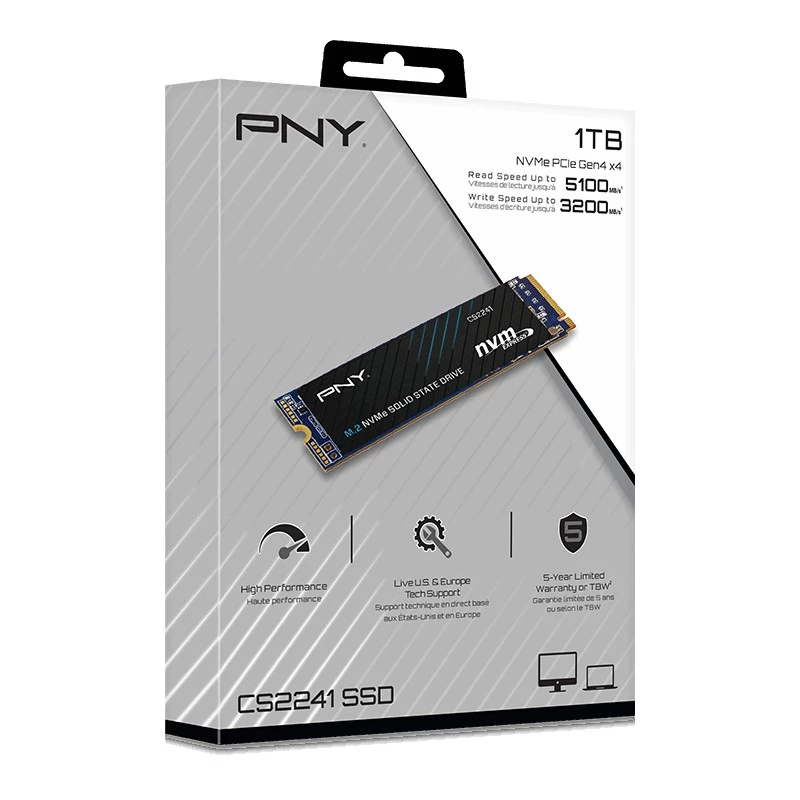SSD PNY CS2241 M.2 NVMe PCIe 4.0 1TB — lasīšana 5100 MB/s, rakstīšana 3200 MB/s