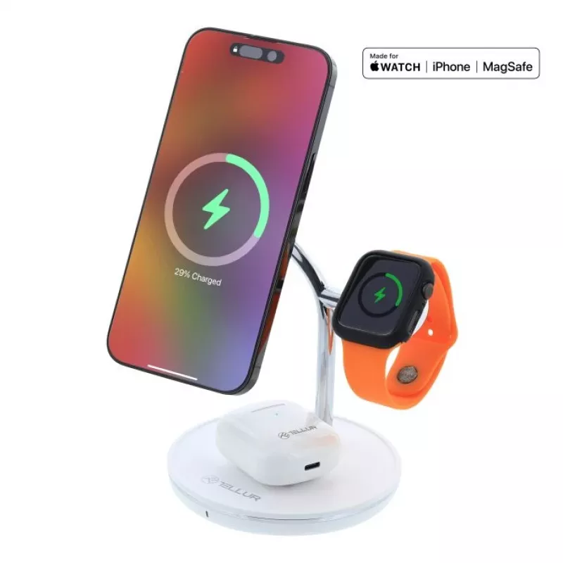 Bezvadu galda lādētājs Tellur TLL151391 3in1 MagSafe ātrā uzlāde tālrunim, pulkstenim un austiņām