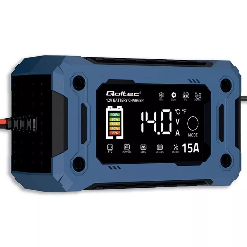 Viedais 12V 15A lādētājs QOLTEC ar mikroprocesoru un LCD — AGM, GEL, SLA, EFB, LiFePO4 akumulatoriem