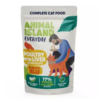 Mitrā kaķu barība animal island Ikdienas Putnu gaļa un aknas želejā, komplekts 12 x 85 g, pieaugušiem kaķiem, bez lipekļa un sojas