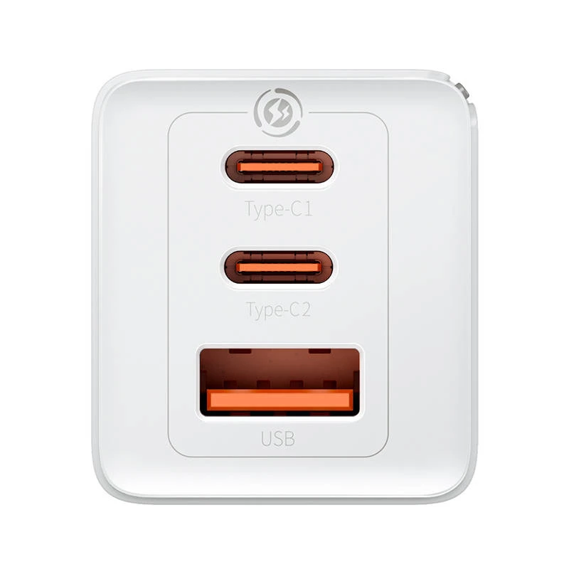 Sienas lādētājs Baseus GaN5 Pro 65W — USB + 2×USB-C (QC3.0, PD3.0) ar 1 m USB-C kabeli, balts